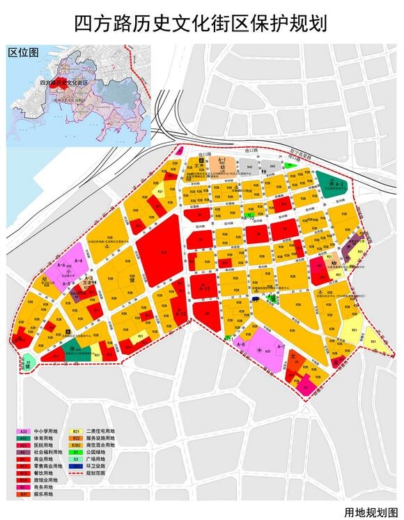 四方路历史文化街区为德占时期华人区,后来民族资本发展迅速。街区内街巷呈棋盘式布局方式,街巷纵横、里院错落、街坊齐整。建筑顺地势而建,形成规模不一、形式多样的里院建筑群,是青岛目前仅存的形制规模较完整的里院建筑群。现存春和楼、盛锡福等青岛老字号商铺,更是见证了青岛近代民族工业的起源和发展。街区西以济南路为界,北至胶宁高架路,东沿聊城路、禹城路、济宁路、安徽路,南至德县路、保定路、大沽路,街区规划面积42.