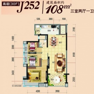 高层J252建面108平米三房户型