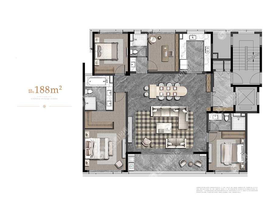 绿城·凤起潮鸣188平户型,绿城·凤起潮鸣4室2厅3卫 188㎡户型图,朝向