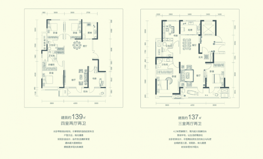 金科集美郡户型推荐:139平米四室两厅两卫,137平米三室两厅两卫